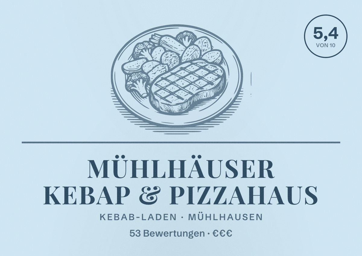 Illustriertes Poster von Mühlhäuser Kebap & Pizzahaus, Kebab-Laden in Mühlhausen: Bewertung 5,4 von 10 aus 53 Bewertungen, Preisniveau €€€