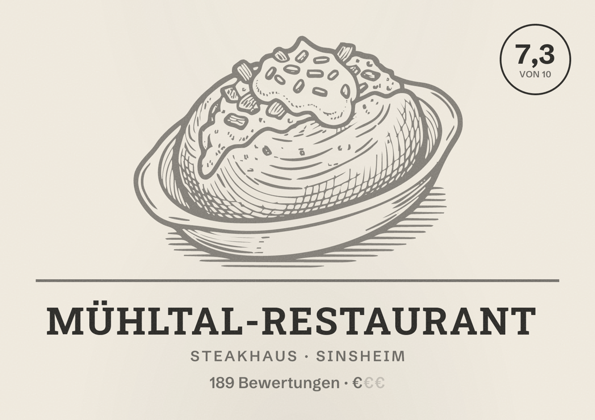 Illustriertes Poster von Mühltal-Restaurant, Steakhaus in Sinsheim: Bewertung 7,3 von 10 aus 189 Bewertungen, Preisniveau €