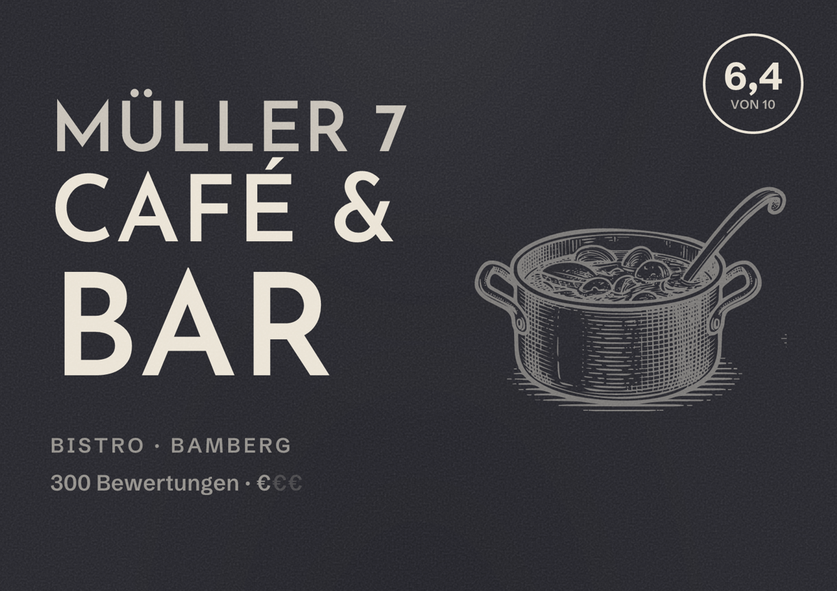 Illustriertes Poster von MÜLLER 7 Café & Bar, Bistro in Bamberg: Bewertung 6,4 von 10 aus 300 Bewertungen, Preisniveau €
