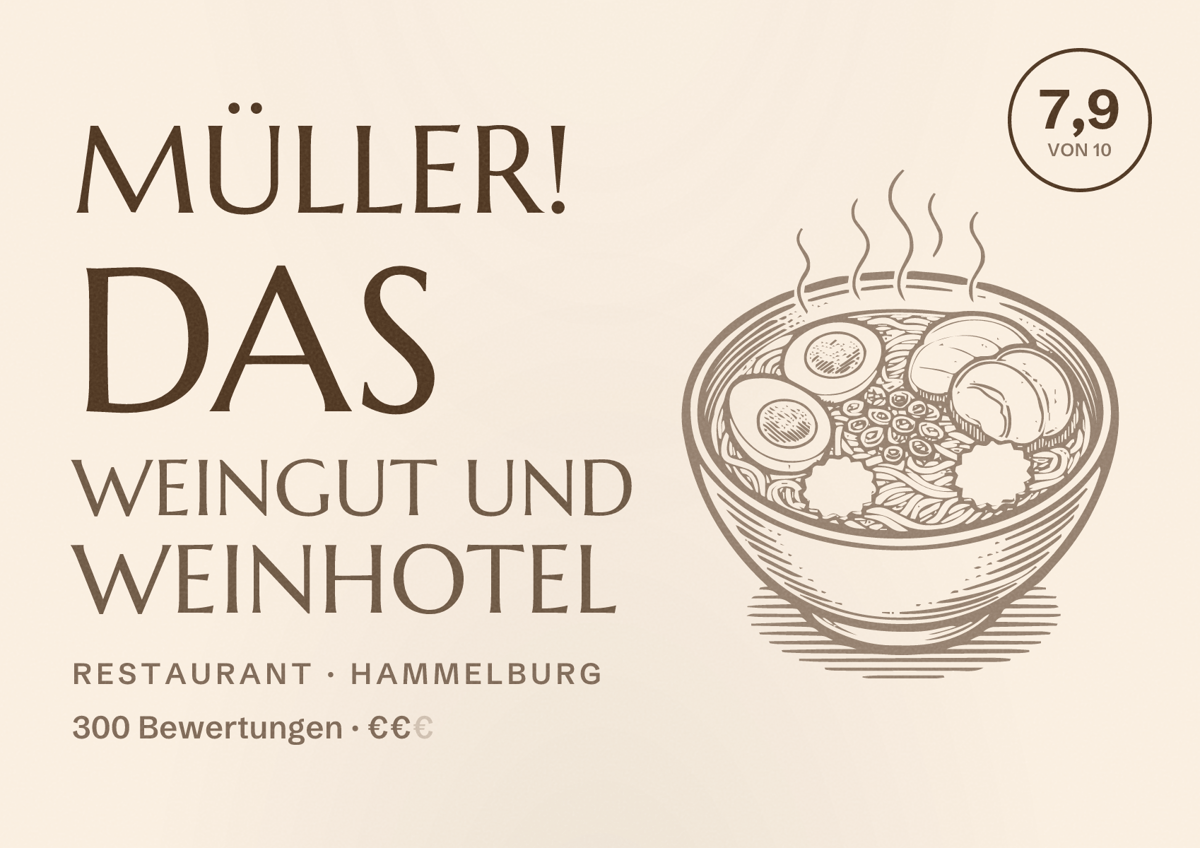 Illustriertes Poster von Müller! Das Weingut und Weinhotel, Restaurant in Hammelburg: Bewertung 7,9 von 10 aus 300 Bewertungen, Preisniveau €€