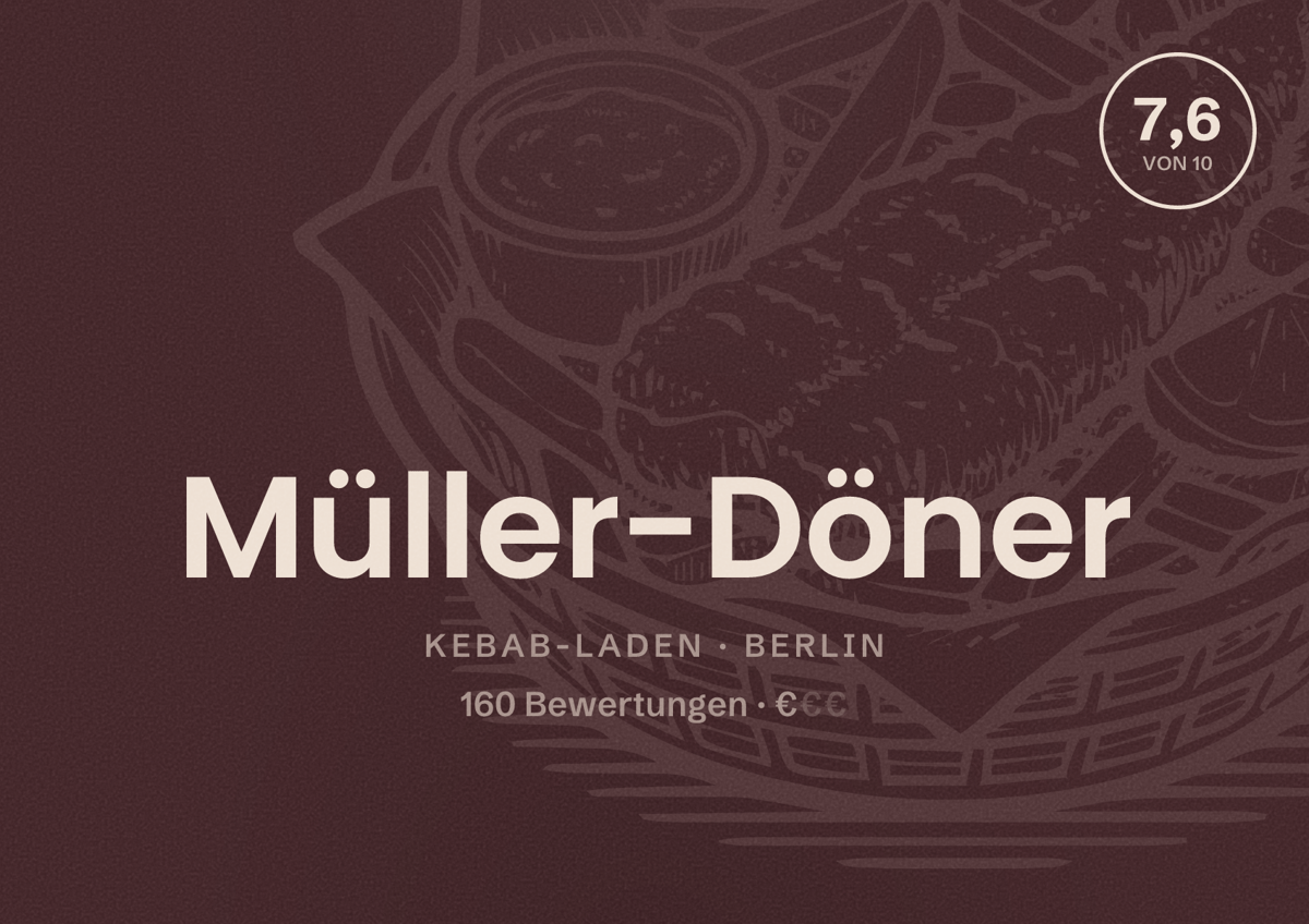 Illustriertes Poster von Müller-Döner, Kebab-Laden in Berlin: Bewertung 7,6 von 10 aus 160 Bewertungen, Preisniveau €