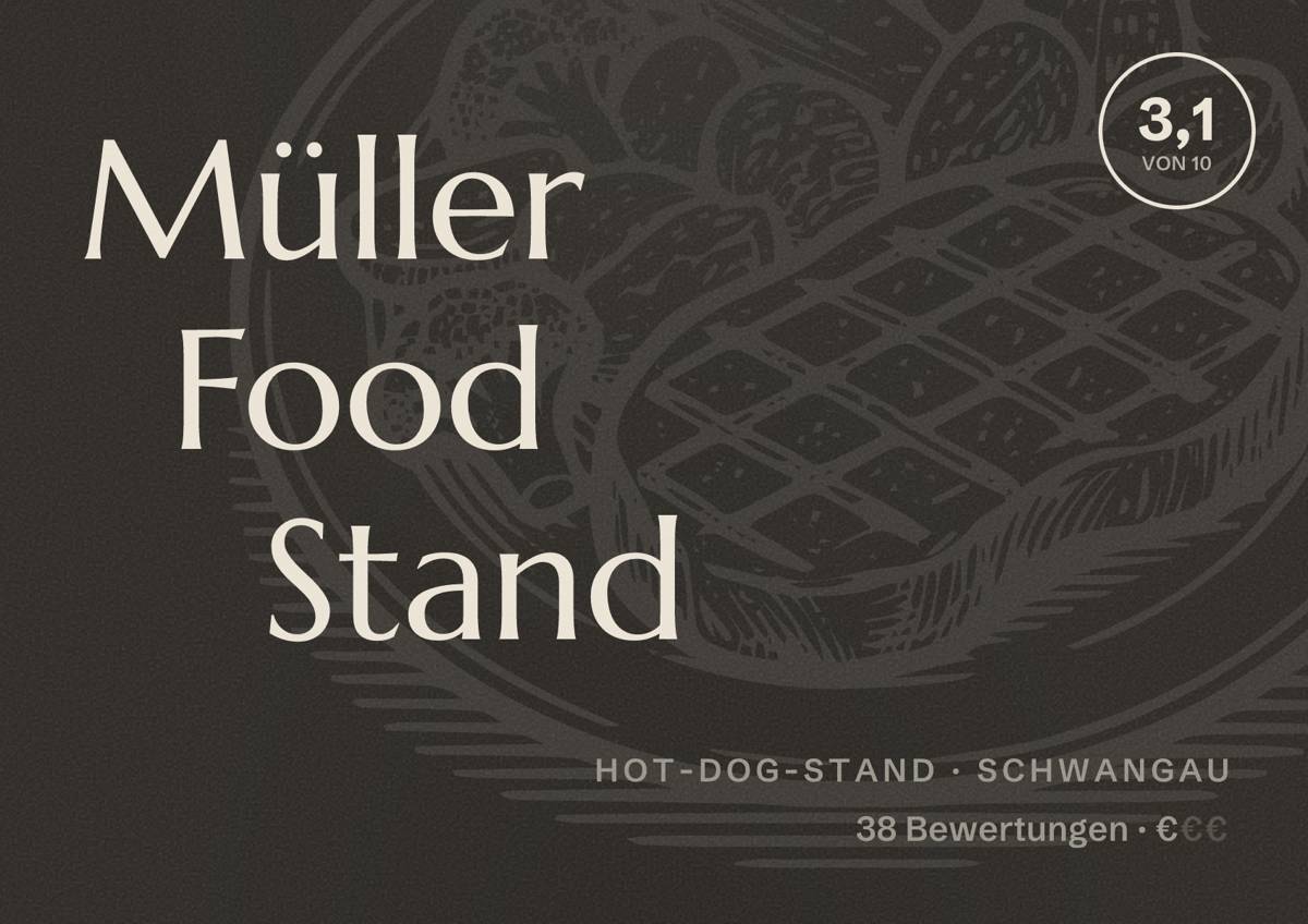 Illustriertes Poster von Müller Food Stand, Hot-Dog-Stand in Schwangau: Bewertung 3,1 von 10 aus 38 Bewertungen, Preisniveau €