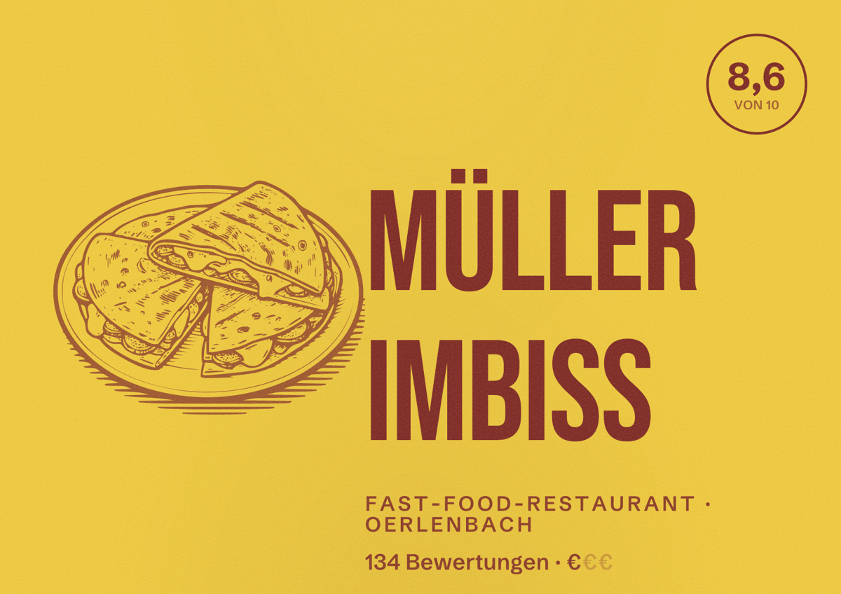 Illustriertes Poster von Müller IMBISS, Fast-Food-Restaurant in Oerlenbach: Bewertung 8,6 von 10 aus 134 Bewertungen, Preisniveau €