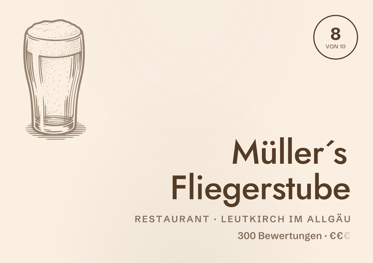 Illustriertes Poster von Müller´s Fliegerstube, Restaurant in Leutkirch im Allgäu: Bewertung 8 von 10 aus 300 Bewertungen, Preisniveau €€