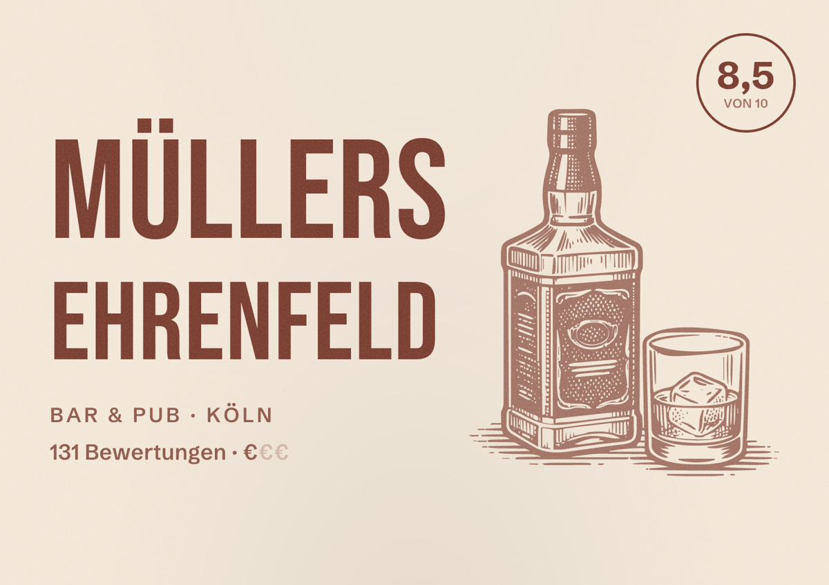 Illustriertes Poster von Müllers Ehrenfeld, Bar & Pub in Köln: Bewertung 8,5 von 10 aus 131 Bewertungen, Preisniveau €