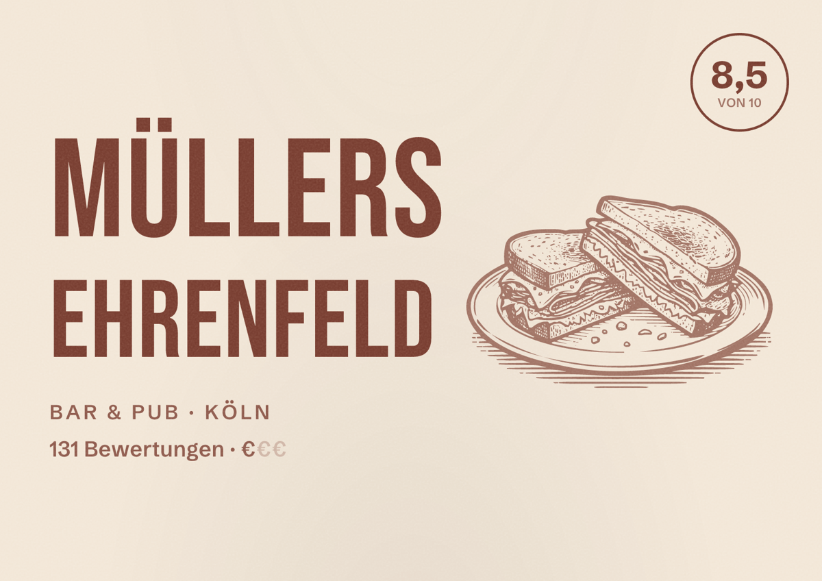 Illustriertes Poster von Müllers Ehrenfeld, Bar & Pub in Köln: Bewertung 8,5 von 10 aus 131 Bewertungen, Preisniveau €