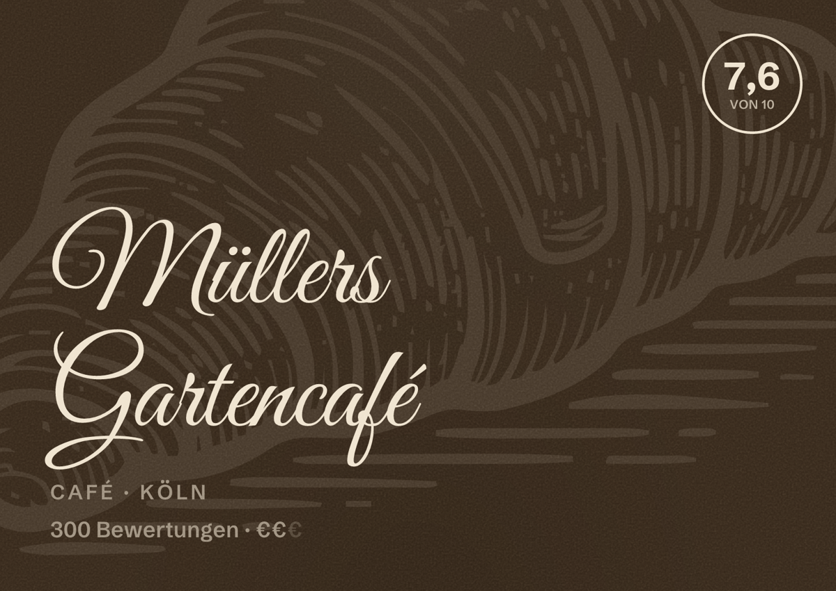 Illustriertes Poster von Müllers Gartencafé, Café in Köln: Bewertung 7,6 von 10 aus 300 Bewertungen, Preisniveau €€