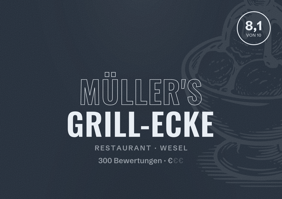Illustriertes Poster von Müller's Grill-Ecke, Restaurant in Wesel: Bewertung 8,1 von 10 aus 300 Bewertungen, Preisniveau €