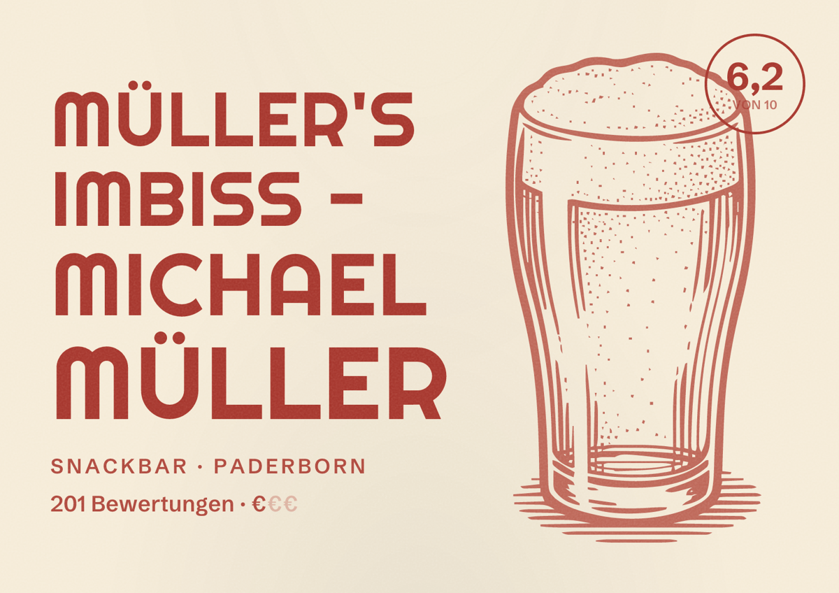 Illustriertes Poster von Müller's Imbiss - Michael Müller, Snackbar in Paderborn: Bewertung 6,2 von 10 aus 201 Bewertungen, Preisniveau €