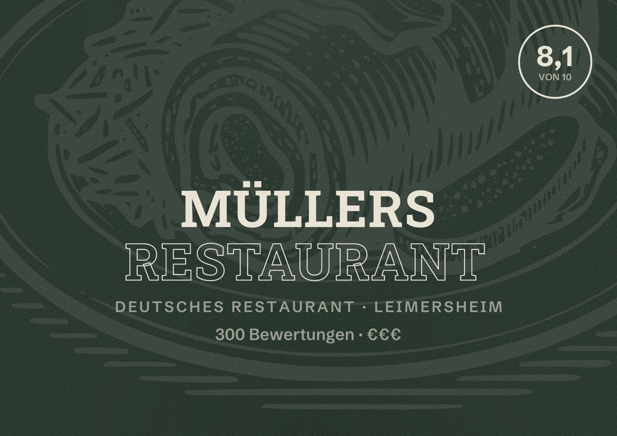 Illustriertes Poster von Müllers Restaurant, Deutsches Restaurant in Leimersheim: Bewertung 8,1 von 10 aus 300 Bewertungen, Preisniveau €€€