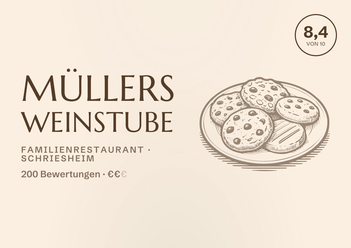 Illustriertes Poster von Müllers Weinstube, Familienrestaurant in Schriesheim: Bewertung 8,4 von 10 aus 200 Bewertungen, Preisniveau €€