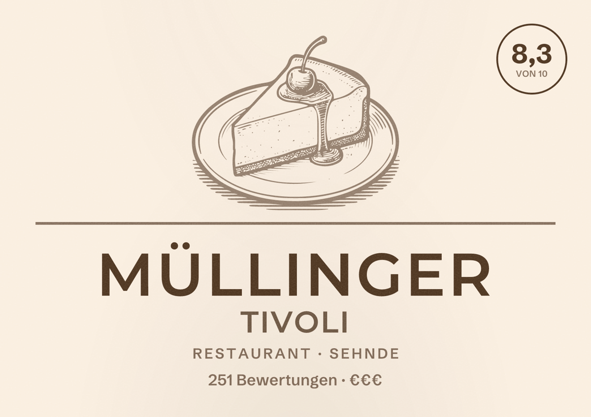 Illustriertes Poster von Müllinger Tivoli, Restaurant in Sehnde: Bewertung 8,3 von 10 aus 251 Bewertungen, Preisniveau €€€