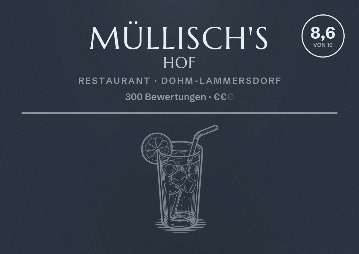 Illustriertes Poster von Müllisch's Hof, Restaurant in Dohm-Lammersdorf: Bewertung 8,6 von 10 aus 300 Bewertungen, Preisniveau €€