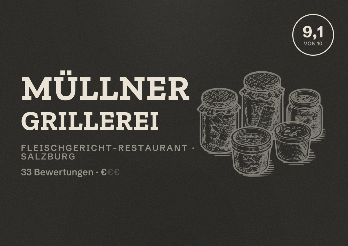 Illustriertes Poster von Müllner Grillerei, Fleischgericht-Restaurant in Salzburg: Bewertung 9,1 von 10 aus 33 Bewertungen, Preisniveau €