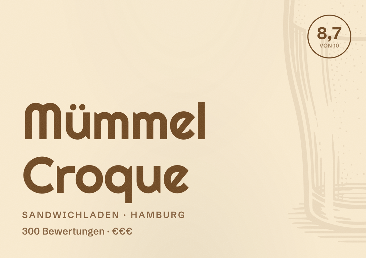 Illustriertes Poster von Mümmel Croque, Sandwichladen in Hamburg: Bewertung 8,7 von 10 aus 300 Bewertungen, Preisniveau €€€