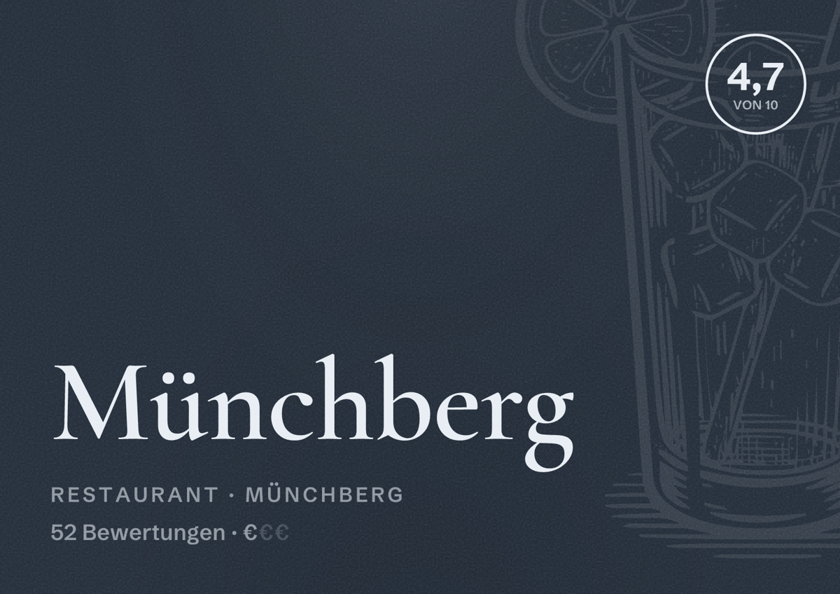 Illustriertes Poster von Münchberg, Restaurant in Münchberg: Bewertung 4,7 von 10 aus 52 Bewertungen, Preisniveau €