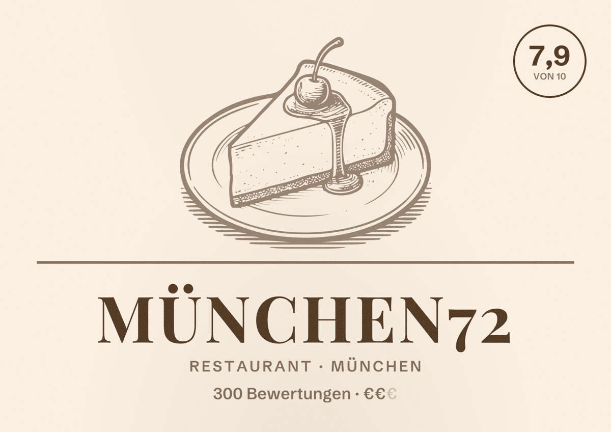 Illustriertes Poster von München72, Restaurant in München: Bewertung 7,9 von 10 aus 300 Bewertungen, Preisniveau €€