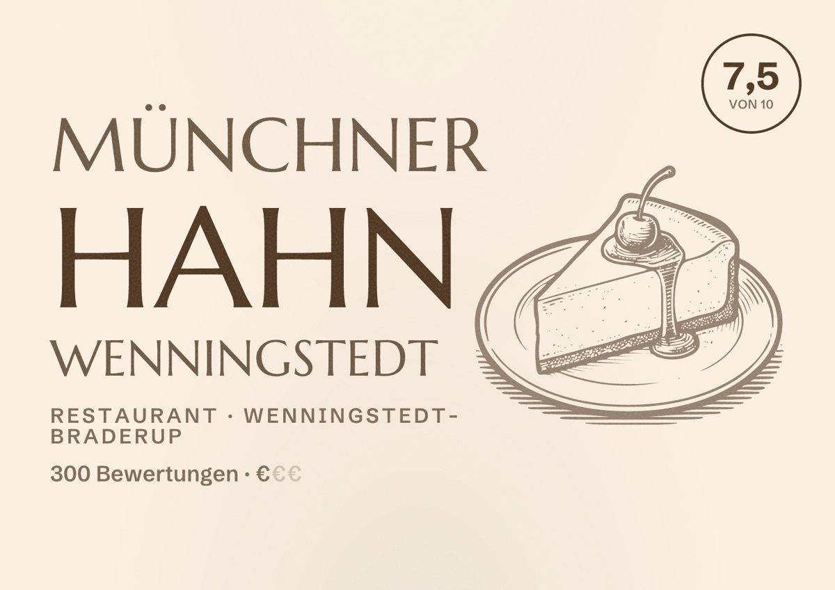 Illustriertes Poster von Münchner Hahn Wenningstedt, Restaurant in Wenningstedt-Braderup: Bewertung 7,5 von 10 aus 300 Bewertungen, Preisniveau €
