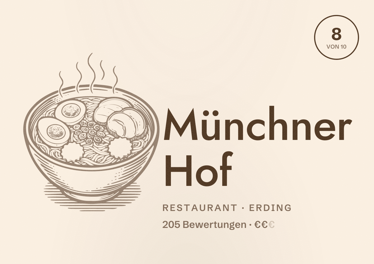 Illustriertes Poster von Münchner Hof, Restaurant in Erding: Bewertung 8 von 10 aus 205 Bewertungen, Preisniveau €€