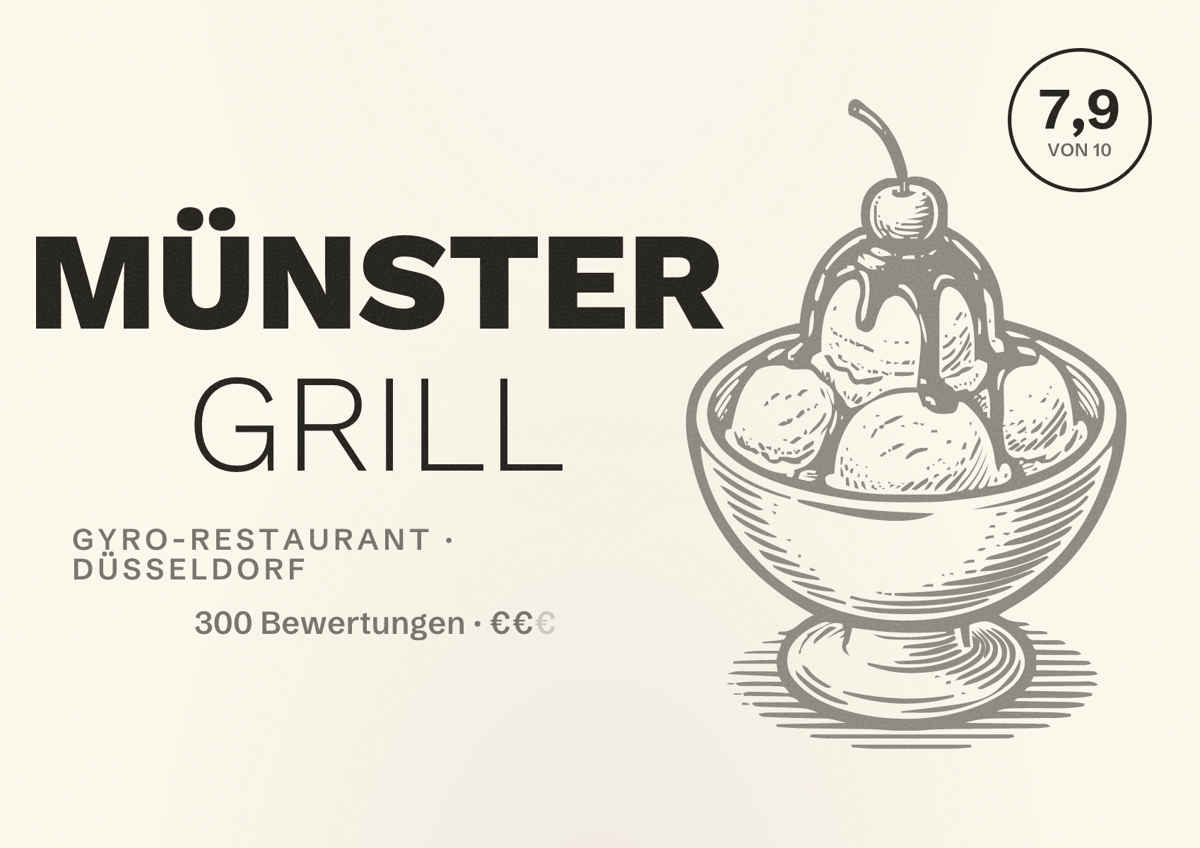 Illustriertes Poster von MÜNSTER GRILL, Gyro-Restaurant in Düsseldorf: Bewertung 7,9 von 10 aus 300 Bewertungen, Preisniveau €€