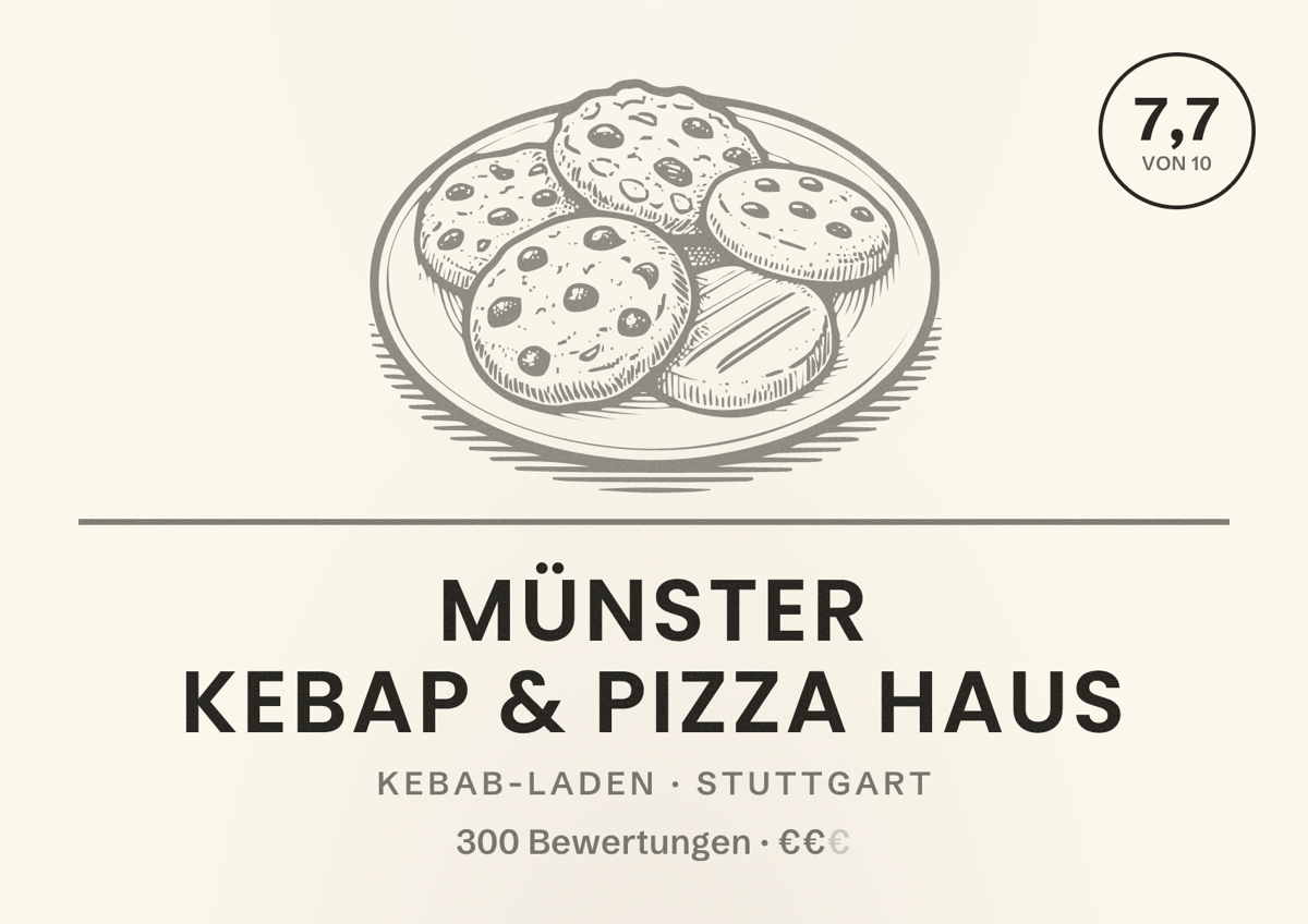 Illustriertes Poster von Münster Kebap & Pizza Haus, Kebab-Laden in Stuttgart: Bewertung 7,7 von 10 aus 300 Bewertungen, Preisniveau €€
