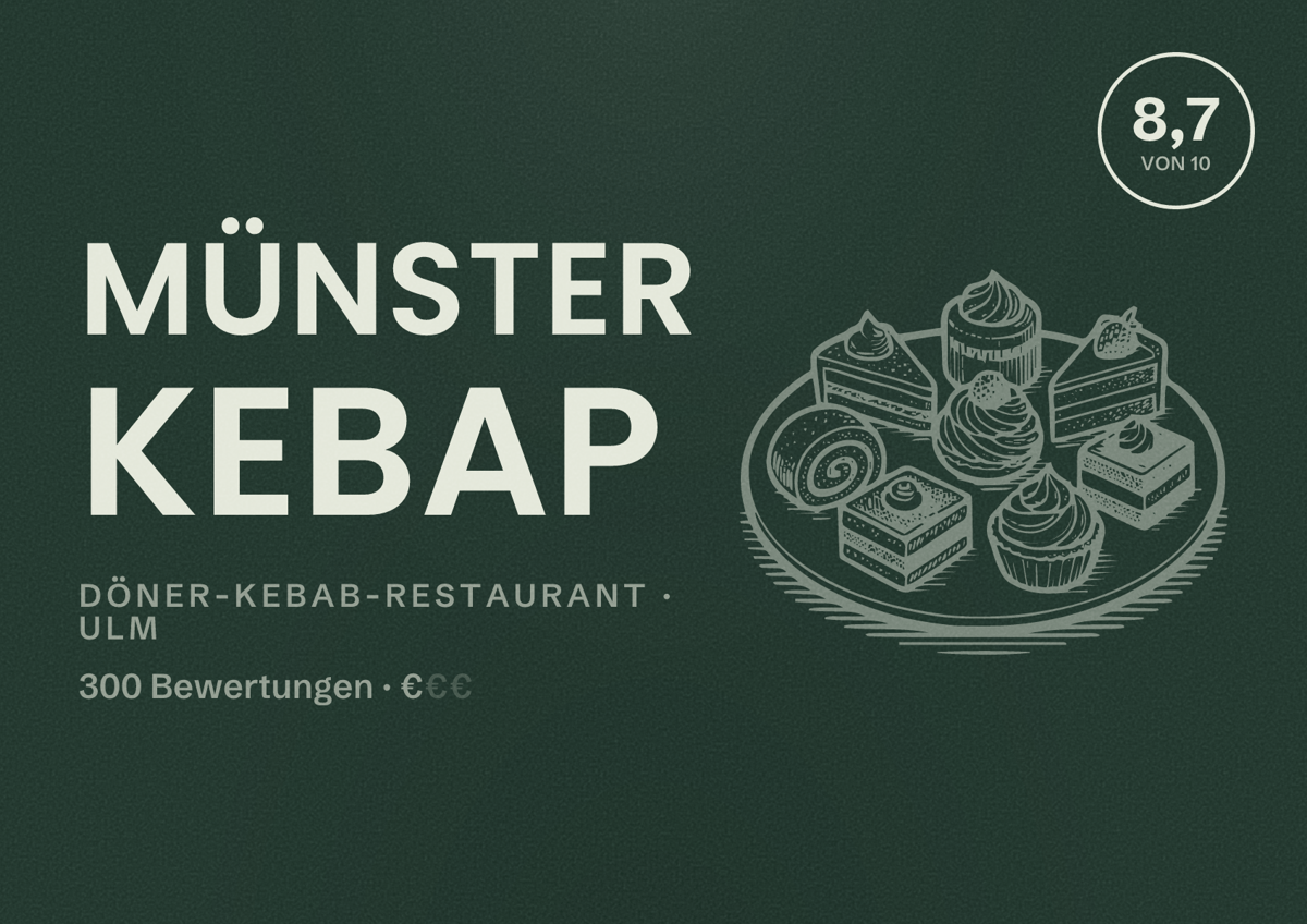 Illustriertes Poster von Münster Kebap, Döner-Kebab-Restaurant in Ulm: Bewertung 8,7 von 10 aus 300 Bewertungen, Preisniveau €