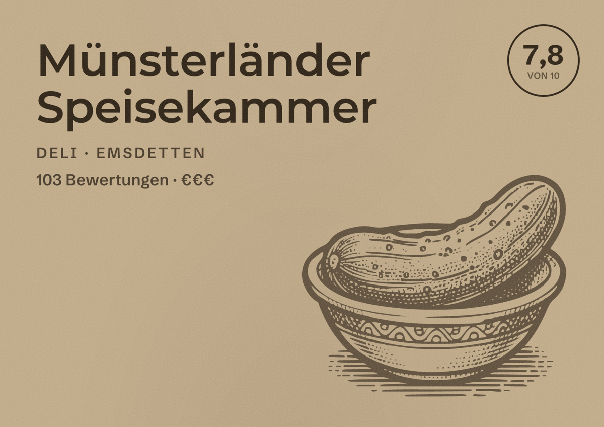 Illustriertes Poster von Münsterländer Speisekammer, Deli in Emsdetten: Bewertung 7,8 von 10 aus 103 Bewertungen, Preisniveau €€€
