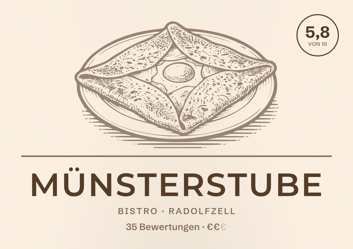 Illustriertes Poster von Münsterstube, Bistro in Radolfzell: Bewertung 5,8 von 10 aus 35 Bewertungen, Preisniveau €€