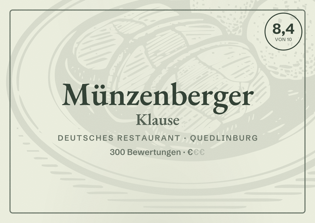 Illustriertes Poster von Münzenberger Klause, Deutsches Restaurant in Quedlinburg: Bewertung 8,4 von 10 aus 300 Bewertungen, Preisniveau €