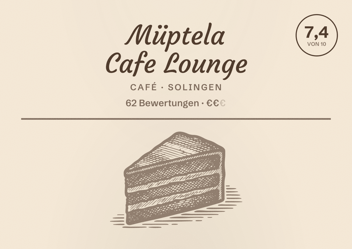 Illustriertes Poster von Müptela Cafe Lounge, Café in Solingen: Bewertung 7,4 von 10 aus 62 Bewertungen, Preisniveau €€