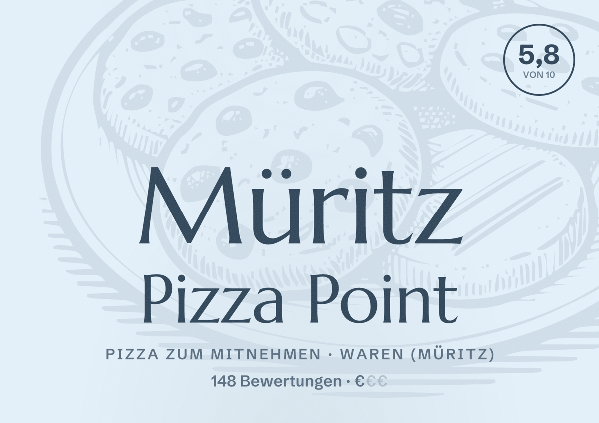 Illustriertes Poster von Müritz Pizza Point, Pizza zum Mitnehmen in Waren (Müritz): Bewertung 5,8 von 10 aus 148 Bewertungen, Preisniveau €