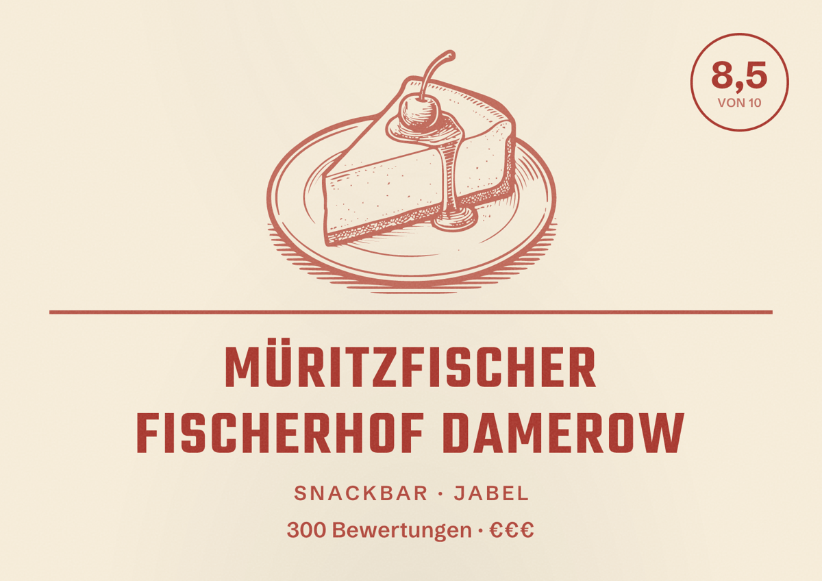 Illustriertes Poster von Müritzfischer Fischerhof Damerow, Snackbar in Jabel: Bewertung 8,5 von 10 aus 300 Bewertungen, Preisniveau €€€