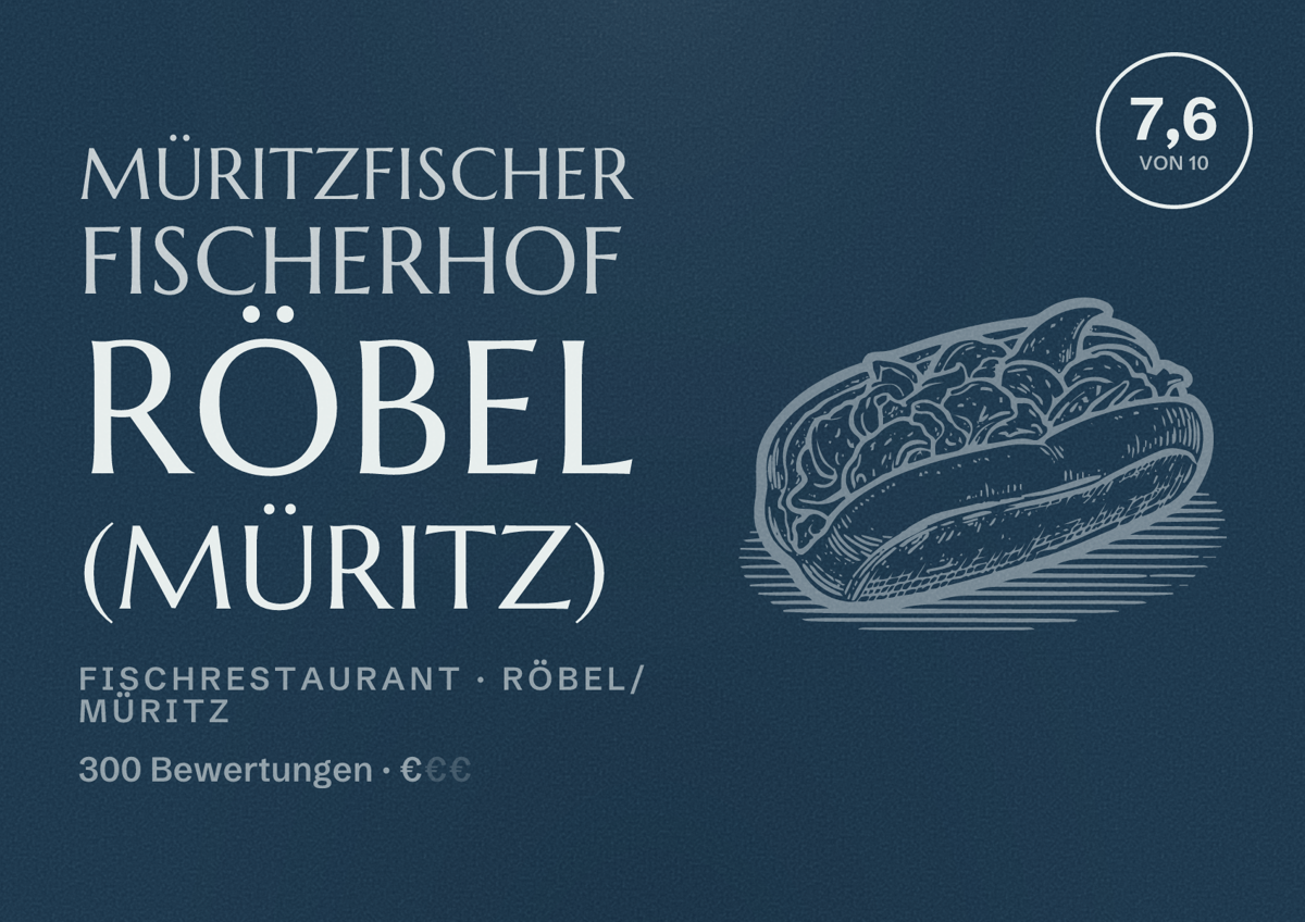 Illustriertes Poster von Müritzfischer Fischerhof Röbel (Müritz), Fischrestaurant in Röbel/Müritz: Bewertung 7,6 von 10 aus 300 Bewertungen, Preisniveau €
