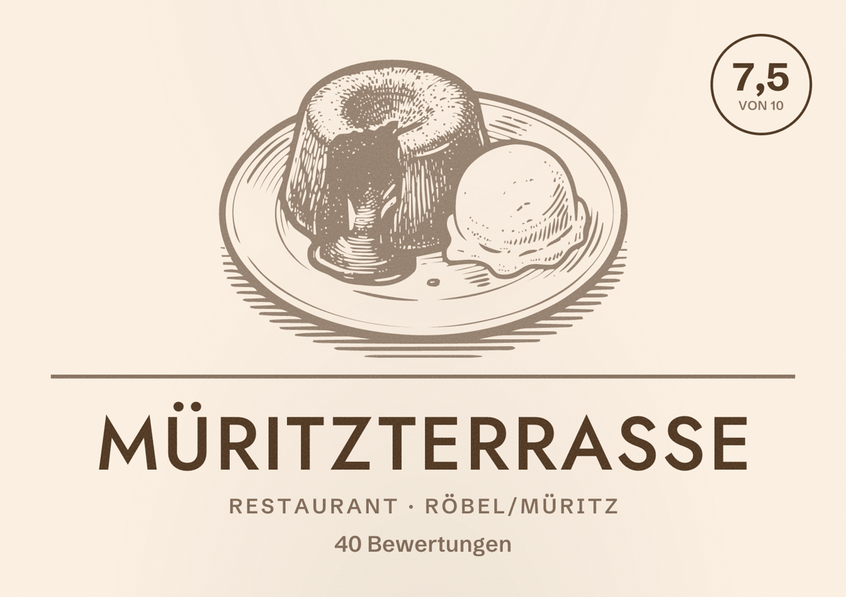 Illustriertes Poster von Müritzterrasse, Restaurant in Röbel/Müritz: Bewertung 7,5 von 10 aus 40 Bewertungen