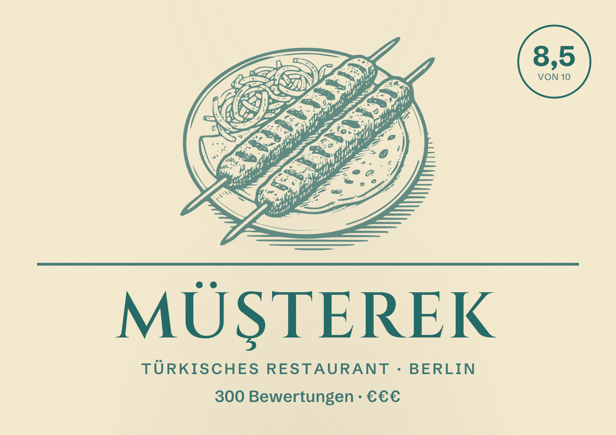 Illustriertes Poster von Müşterek, Türkisches Restaurant in Berlin: Bewertung 8,5 von 10 aus 300 Bewertungen, Preisniveau €€€