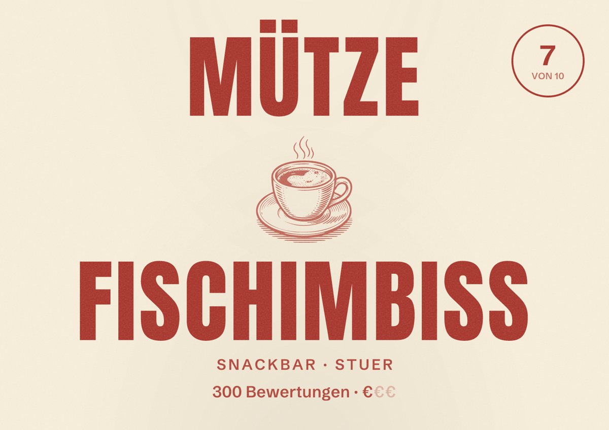 Illustriertes Poster von Mütze Fischimbiss, Snackbar in Stuer: Bewertung 7 von 10 aus 300 Bewertungen, Preisniveau €