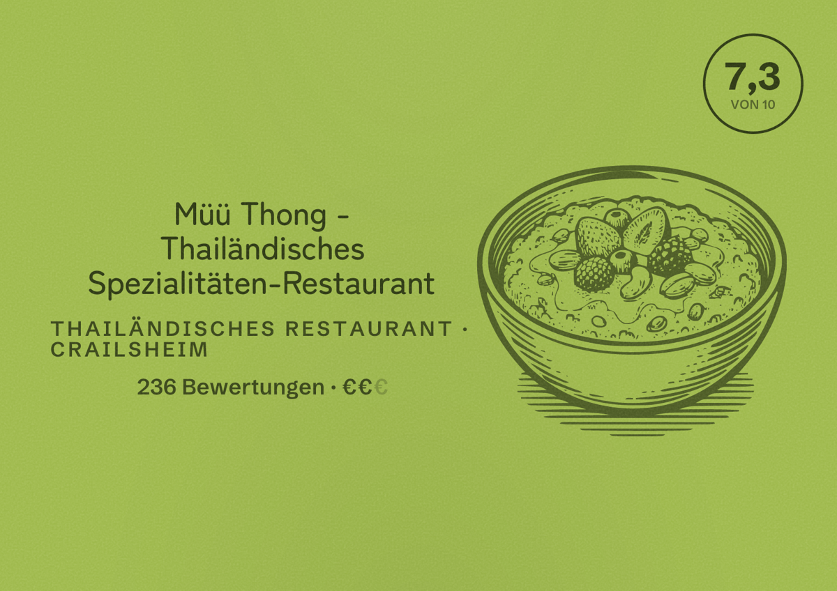 Illustriertes Poster von Müü Thong - Thailändisches Spezialitäten-Restaurant, Thailändisches Restaurant in Crailsheim: Bewertung 7,3 von 10 aus 236 Bewertungen, Preisniveau €€
