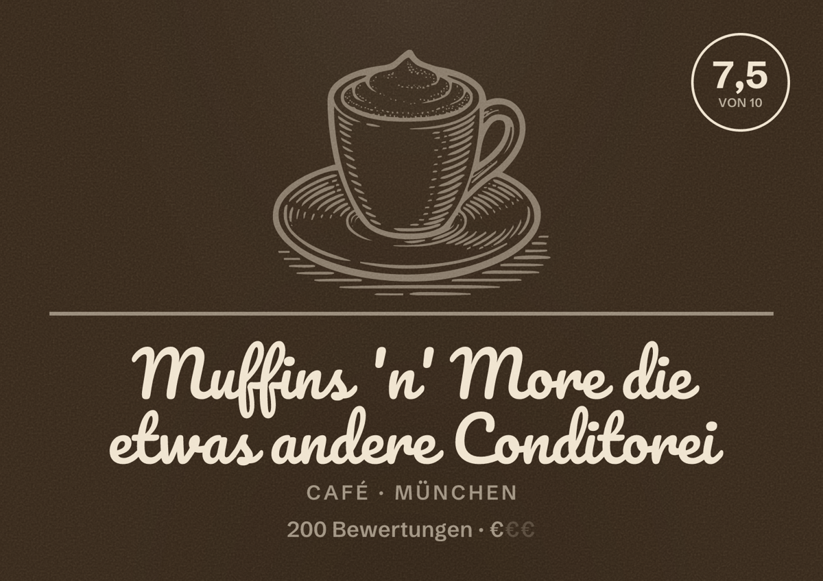 Illustriertes Poster von Muffins 'n' More die etwas andere Conditorei, Café in München: Bewertung 7,5 von 10 aus 200 Bewertungen, Preisniveau €