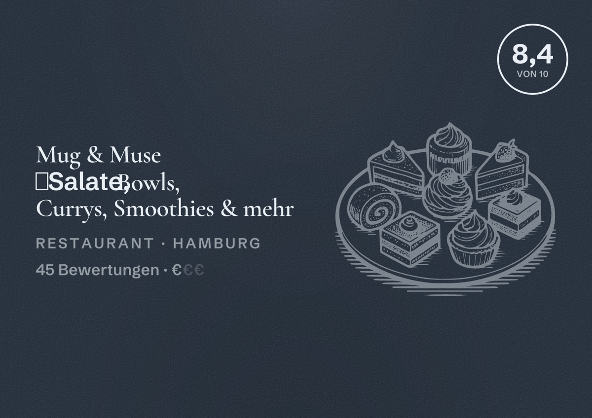Illustriertes Poster von Mug & Muse ⏐Salate, Bowls, Currys, Smoothies & mehr, Restaurant in Hamburg: Bewertung 8,4 von 10 aus 45 Bewertungen, Preisniveau €
