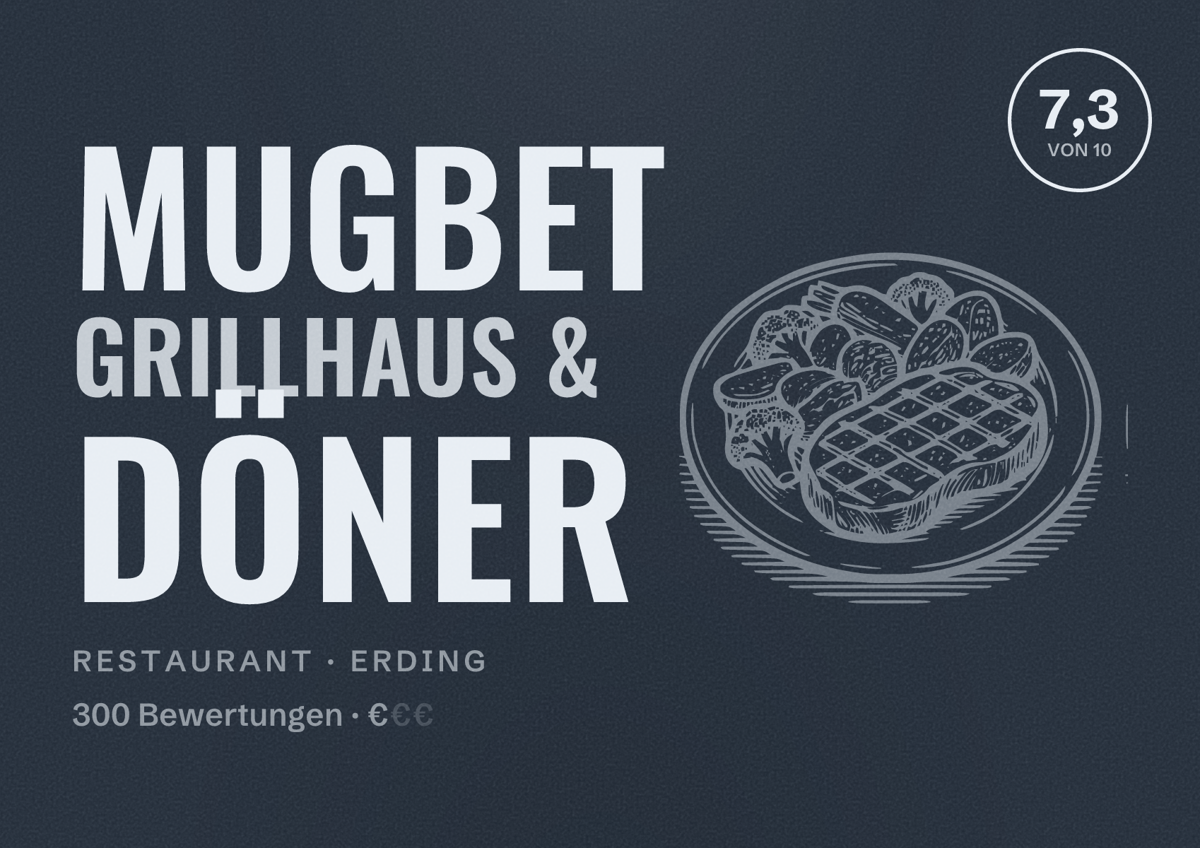 Illustriertes Poster von Mugbet Grillhaus & Döner, Restaurant in Erding: Bewertung 7,3 von 10 aus 300 Bewertungen, Preisniveau €