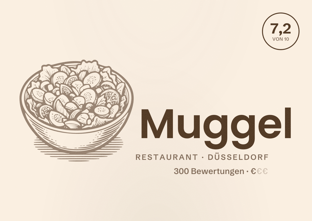 Illustriertes Poster von Muggel, Restaurant in Düsseldorf: Bewertung 7,2 von 10 aus 300 Bewertungen, Preisniveau €