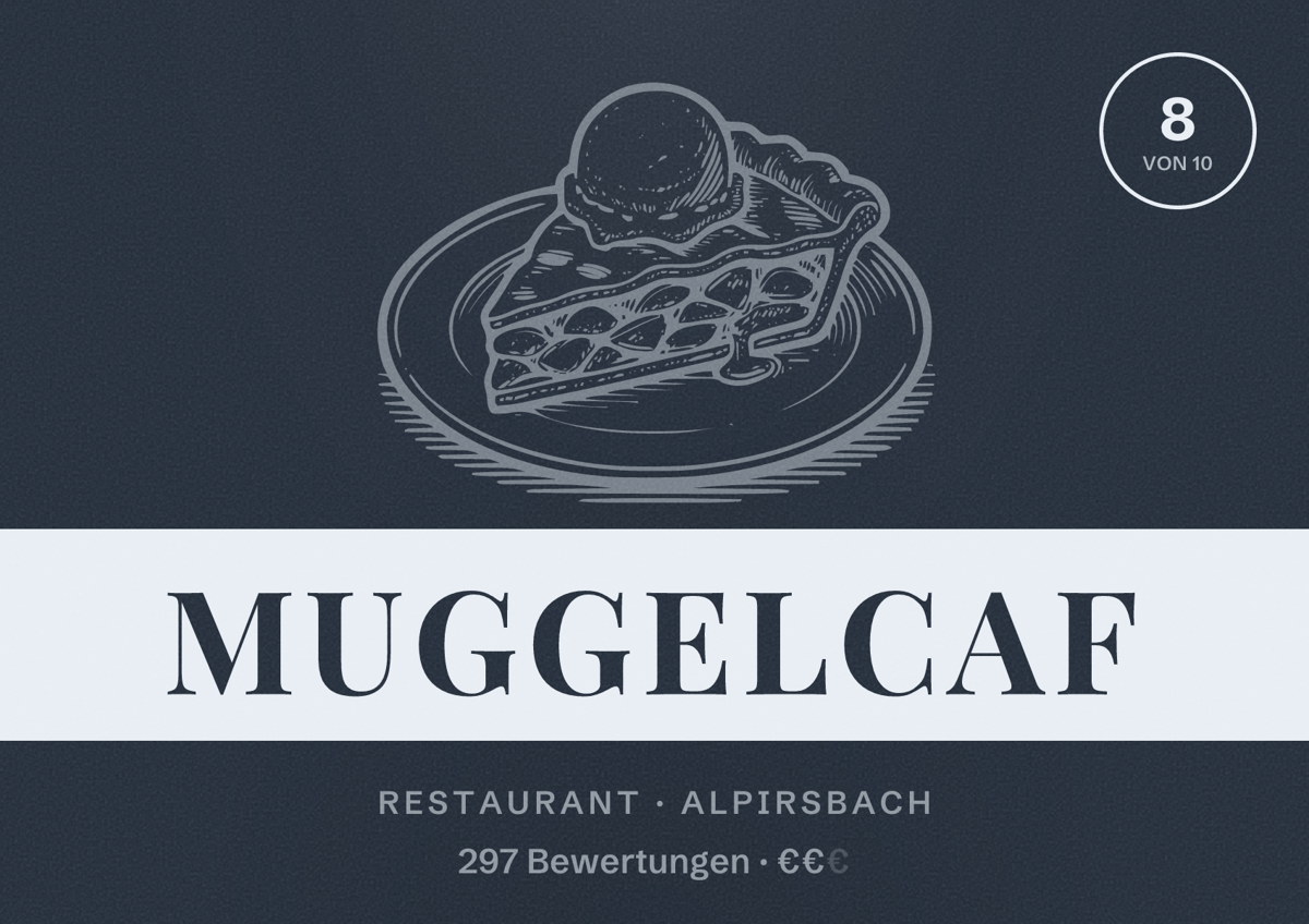 Illustriertes Poster von Muggelcaf, Restaurant in Alpirsbach: Bewertung 8 von 10 aus 297 Bewertungen, Preisniveau €€