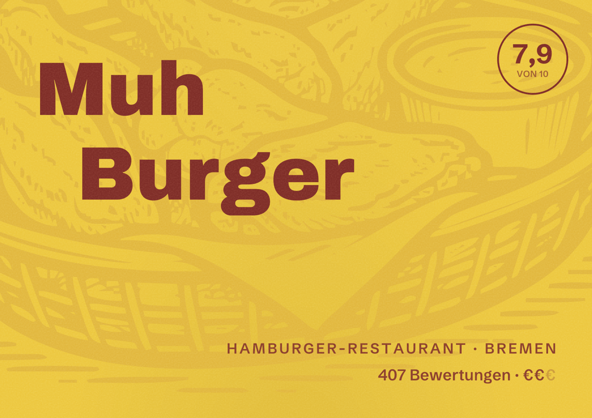 Illustriertes Poster von Muh Burger, Hamburger-Restaurant in Bremen: Bewertung 7,9 von 10 aus 407 Bewertungen, Preisniveau €€