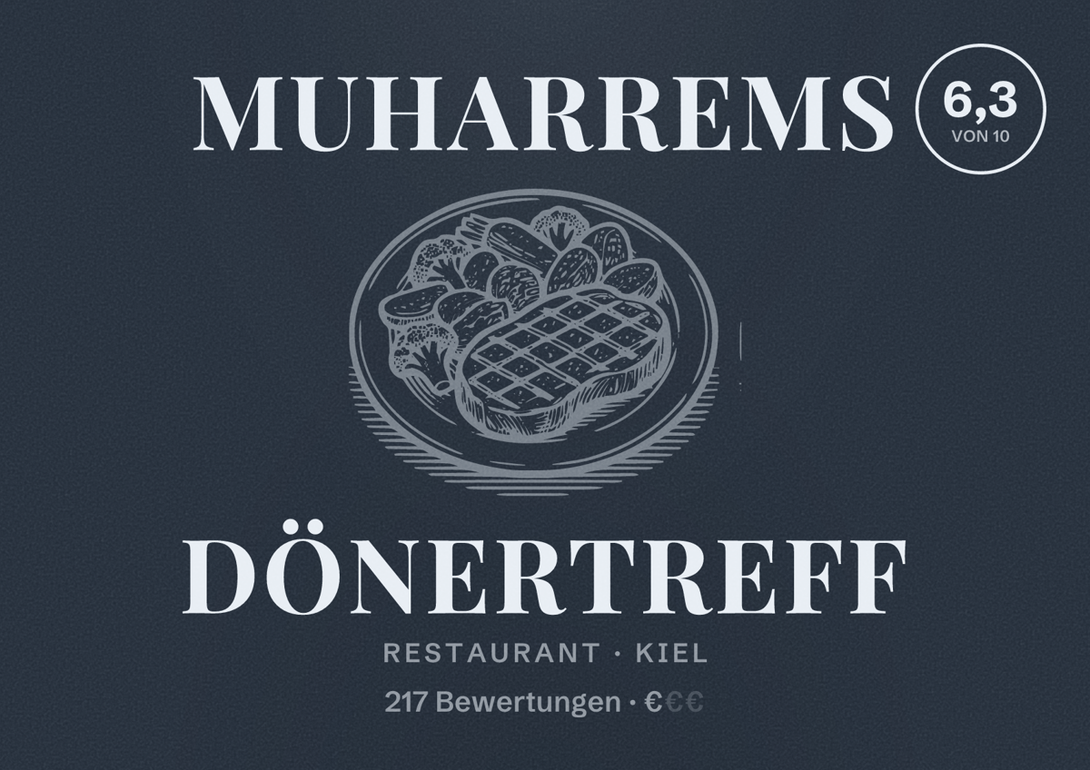 Illustriertes Poster von Muharrems Dönertreff, Restaurant in Kiel: Bewertung 6,3 von 10 aus 217 Bewertungen, Preisniveau €