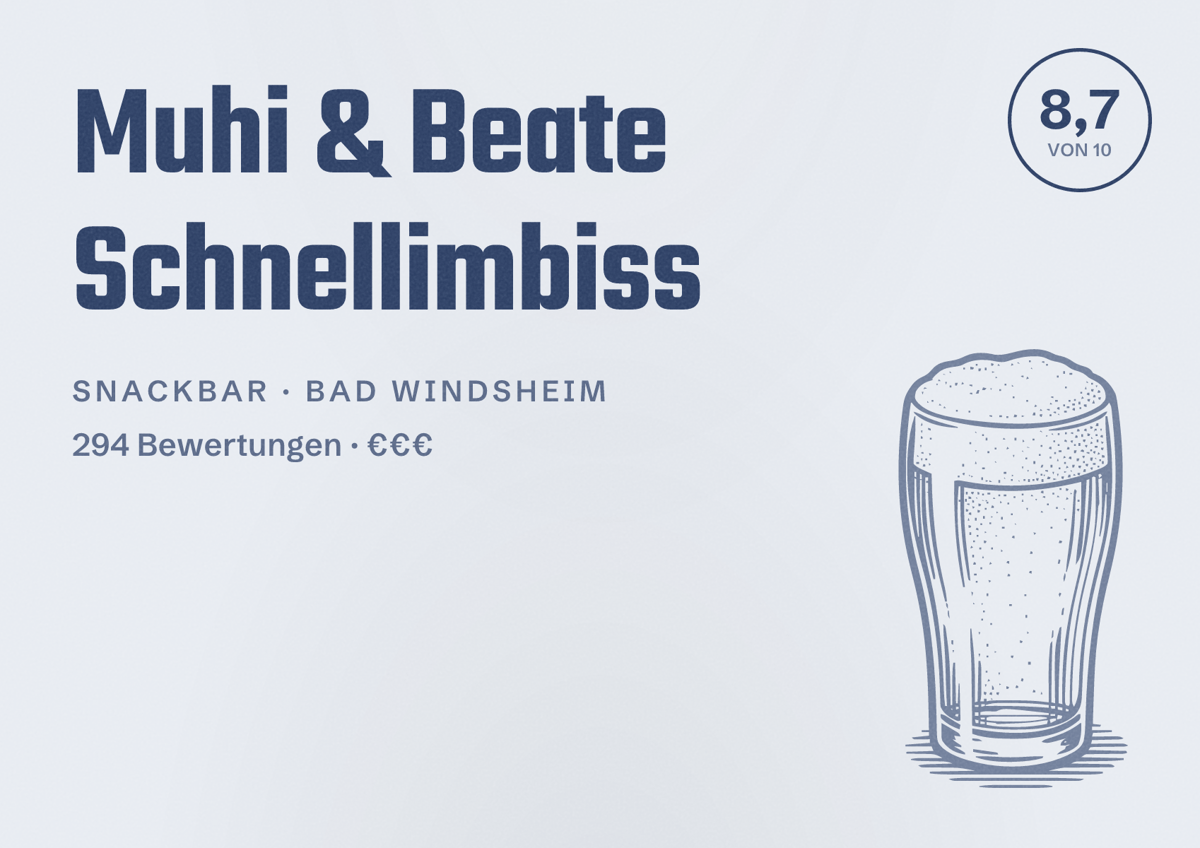 Illustriertes Poster von Muhi & Beate Schnellimbiss, Snackbar in Bad Windsheim: Bewertung 8,7 von 10 aus 294 Bewertungen, Preisniveau €€€