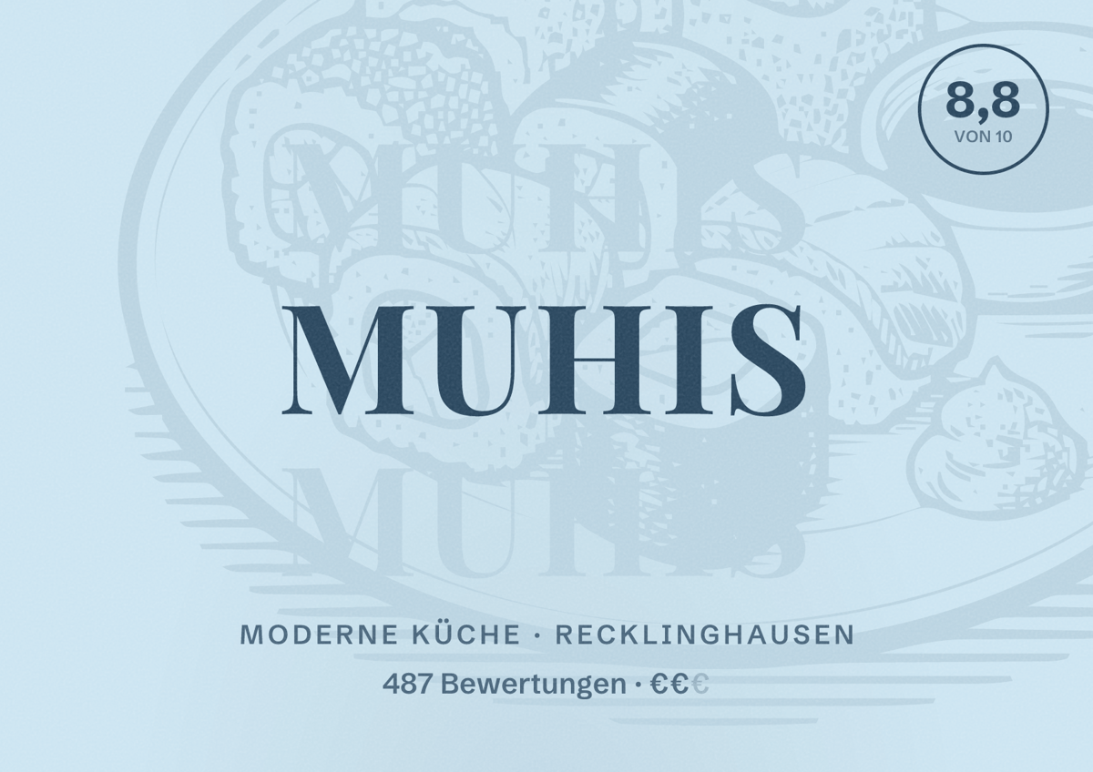 Illustriertes Poster von MUHIS, Moderne Küche in Recklinghausen: Bewertung 8,8 von 10 aus 487 Bewertungen, Preisniveau €€