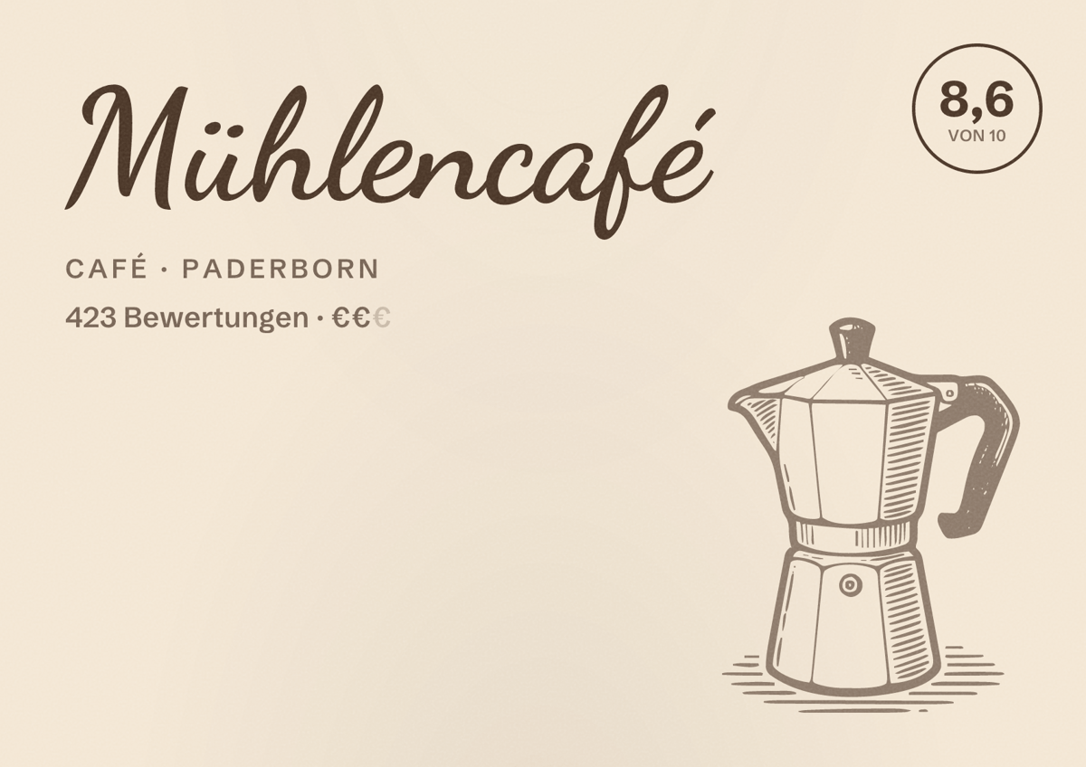 Illustriertes Poster von Mühlencafé, Café in Paderborn: Bewertung 8,6 von 10 aus 423 Bewertungen, Preisniveau €€