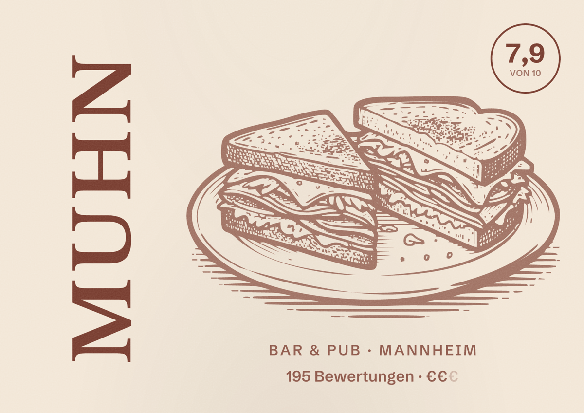 Illustriertes Poster von MUHN, Bar & Pub in Mannheim: Bewertung 7,9 von 10 aus 195 Bewertungen, Preisniveau €€