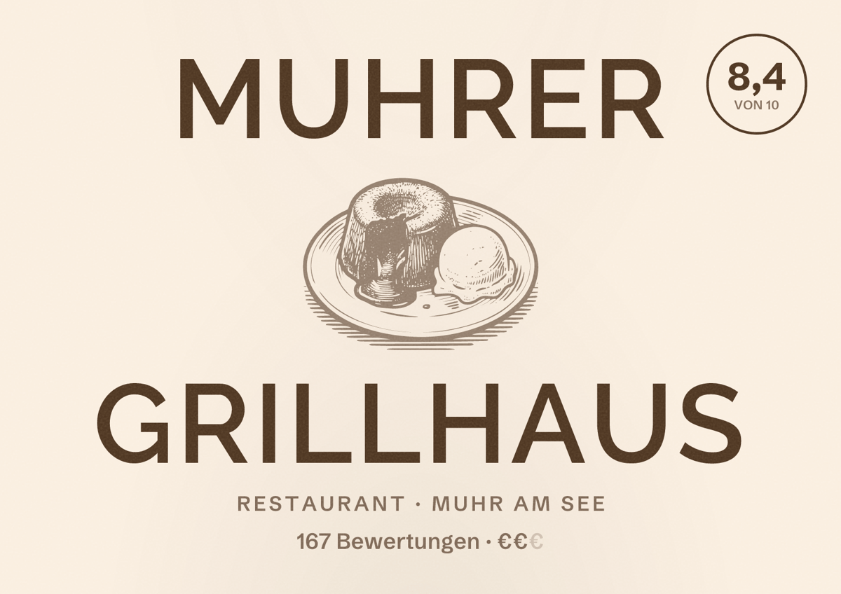 Illustriertes Poster von MUHRER GRILLHAUS, Restaurant in Muhr am See: Bewertung 8,4 von 10 aus 167 Bewertungen, Preisniveau €€