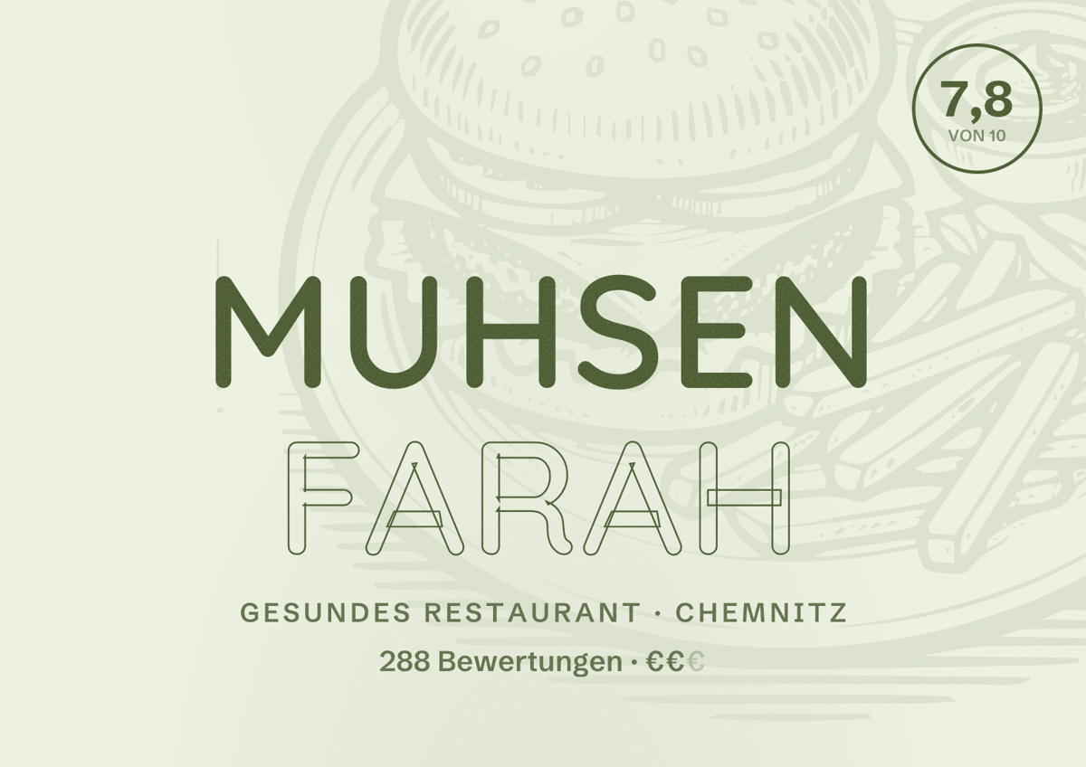 Illustriertes Poster von Muhsen Farah, Gesundes Restaurant in Chemnitz: Bewertung 7,8 von 10 aus 288 Bewertungen, Preisniveau €€
